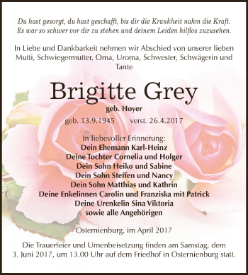 Traueranzeige von Brigitte Grey von WVG - Wochenspiegel Dessau / Köthen