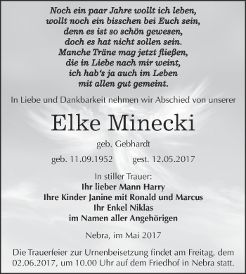 Traueranzeige von Elke Minecki von WVG - Wochenspiegel NMB / WSF / ZTZ