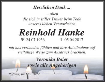 Traueranzeige von Reinhold Hanke von WVG - Wochenspiegel Dessau / Köthen