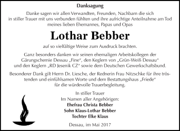 Traueranzeige von Lothar Bebber von WVG - Wochenspiegel Dessau / Köthen
