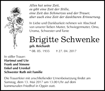 Traueranzeige von Brigitte Schwenke von Mitteldeutsche Zeitung Halle/Saalkreis