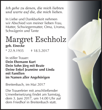 Traueranzeige von Margret Eschholz von Mitteldeutsche Zeitung Sangerhausen