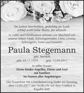 Traueranzeige von Paula Stegemann von WVG - Wochenspiegel Bitterfeld