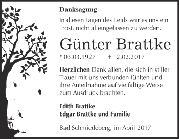 Traueranzeige von Günter Brattke von WVG - Wochenspiegel Wittenberg