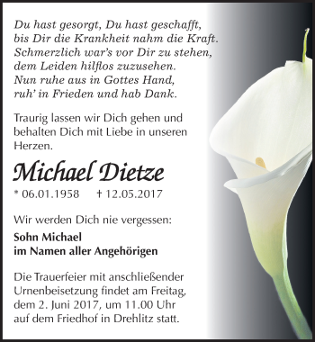 Traueranzeige von Michael Dietze von Mitteldeutsche Zeitung Halle/Saalkreis