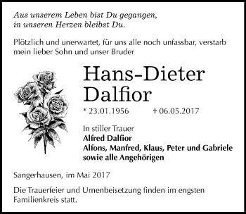 Traueranzeige von Hans-Dieter Dalfior von Mitteldeutsche Zeitung Sangerhausen