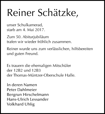 Traueranzeige von Reiner Schätzke von Mitteldeutsche Zeitung Halle/Saalkreis