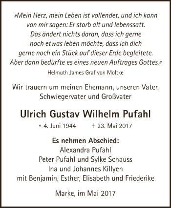 Traueranzeige von Ulrich Gustav Wilhelm Pufahl von WVG - Wochenspiegel Dessau / Köthen