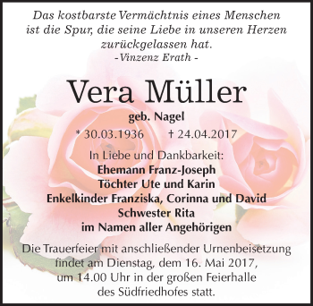 Traueranzeige von Vera Müller von Mitteldeutsche Zeitung Halle/Saalkreis