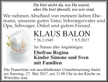 Traueranzeige von Klaus  Balon von Mitteldeutsche Zeitung Halle/Saalkreis