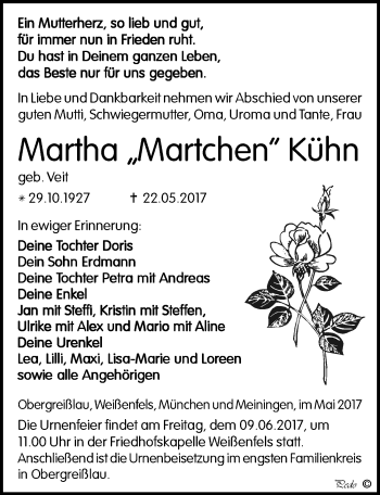 Traueranzeige von Martha Kühn von Mitteldeutsche Zeitung Weißenfels