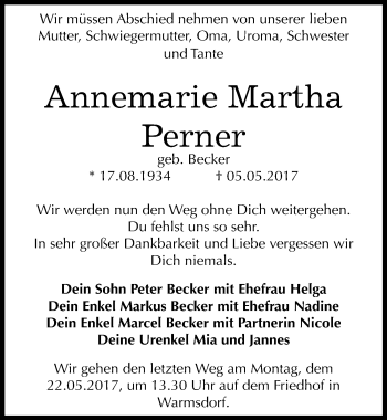 Traueranzeige von Annemarie Martha Perner von Mitteldeutsche Zeitung Aschersleben