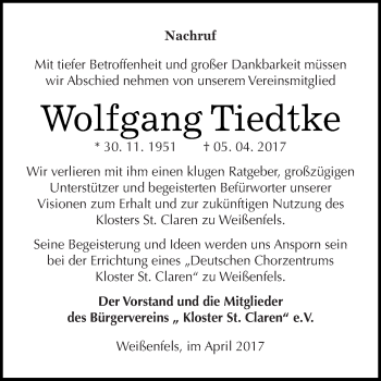 Traueranzeige von Wolfgang Tiedtke von WVG - Wochenspiegel NMB / WSF / ZTZ