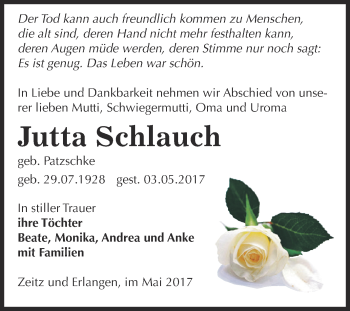 Traueranzeige von Jutta Schlauch von Super Sonntag Zeitz