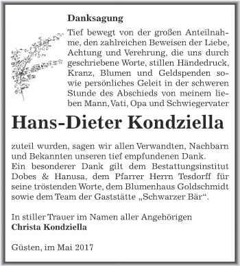 Traueranzeige von Hans-Dieter Kondziella von Super Sonntag Bernburg