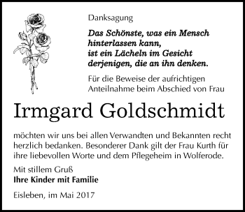 Traueranzeige von Irmgard Goldschmidt von Mitteldeutsche Zeitung Mansfelder Land