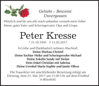 Traueranzeige von Peter Kresse von Mitteldeutsche Zeitung Bitterfeld