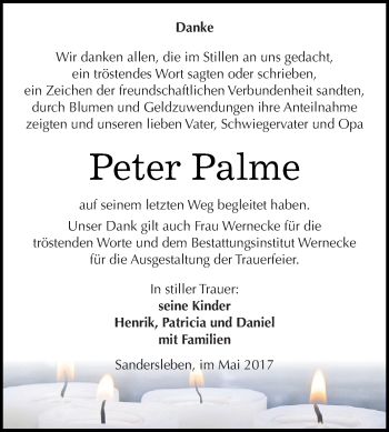 Traueranzeige von Peter Palme von Super Sonntag SGH Mansf. Land