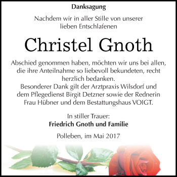 Traueranzeige von Christel Gnoth von Wochenspiegel Mansfelder Land