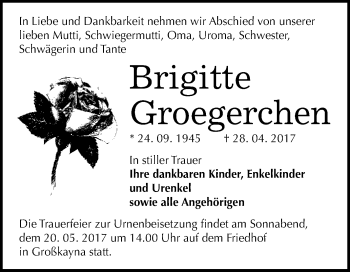 Traueranzeige von Brigitte Groegerchen von WVG - Wochenspiegel Merseburg