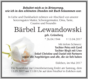 Traueranzeige von Bärbel Lewandowski von Wochenspiegel Mansfelder Land