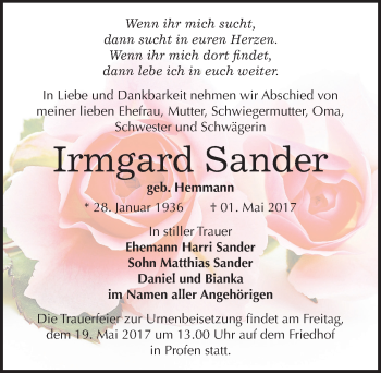 Traueranzeige von Irmgard Sander von Mitteldeutsche Zeitung Zeitz