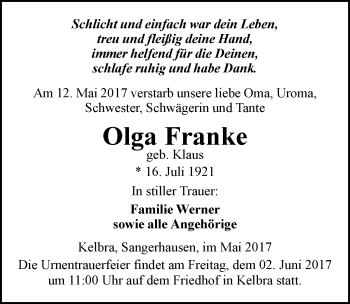 Traueranzeige von Olga Franke von Mitteldeutsche Zeitung Sangerhausen