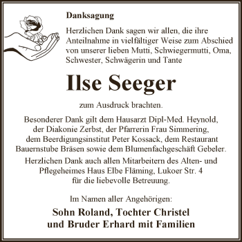 Traueranzeige von Ilse Seeger von WVG - Wochenspiegel Dessau / Köthen