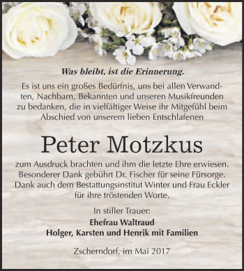 Traueranzeige von Peter Motzkus von WVG - Wochenspiegel Bitterfeld