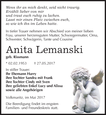 Traueranzeige von Anita Lemanski von Mitteldeutsche Zeitung Mansfelder Land