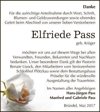 Traueranzeige von Elfriede Pass von Super Sonntag Bernburg