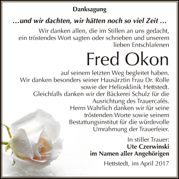 Traueranzeige von Fred Okon von Wochenspiegel Mansfelder Land