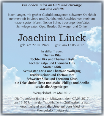 Traueranzeige von Joachim Linck von Super Sonntag Merseburg
