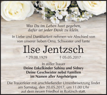 Traueranzeige von Ilse Jentzsch von WVG - Wochenspiegel Bitterfeld