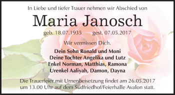 Traueranzeige von Maria Janosch von Mitteldeutsche Zeitung Halle/Saalkreis