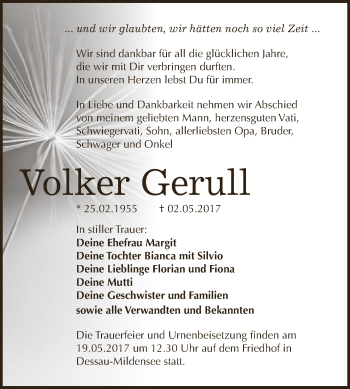 Traueranzeige von Volker Gerull von WVG - Wochenspiegel Dessau / Köthen
