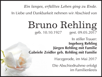 Traueranzeige von Bruno Rehling von Mitteldeutsche Zeitung Quedlinburg
