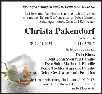 Traueranzeige von Christa Pakendorf von Mitteldeutsche Zeitung Dessau-Roßlau