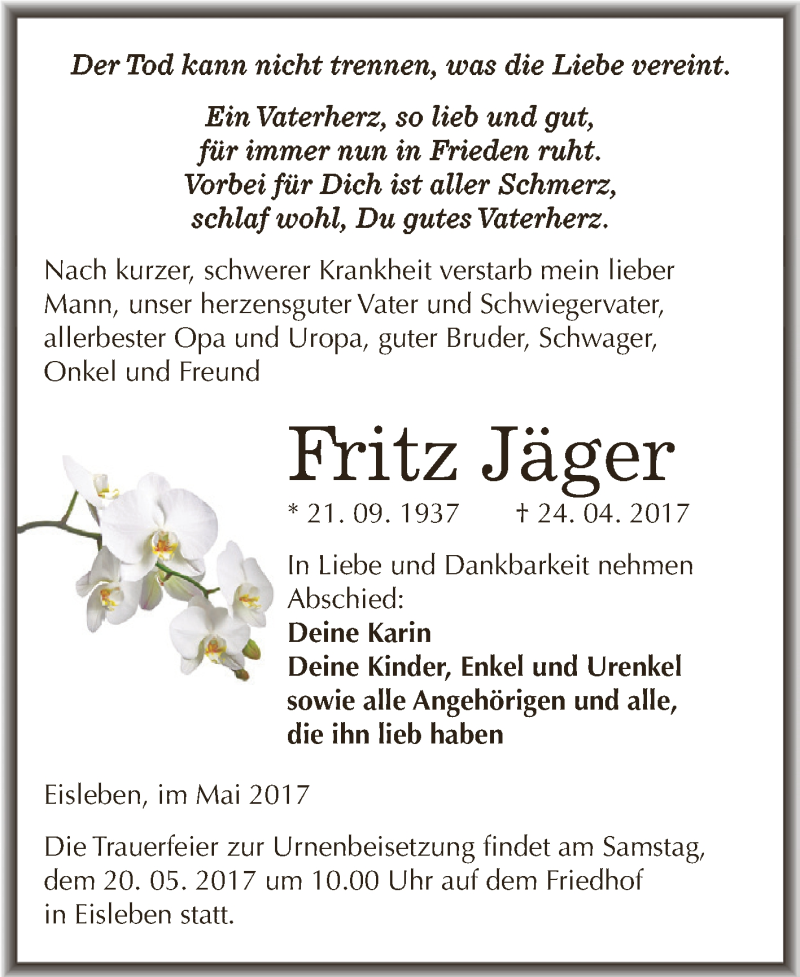  Traueranzeige für Fritz Jäger vom 13.05.2017 aus Super Sonntag SGH Mansf. Land