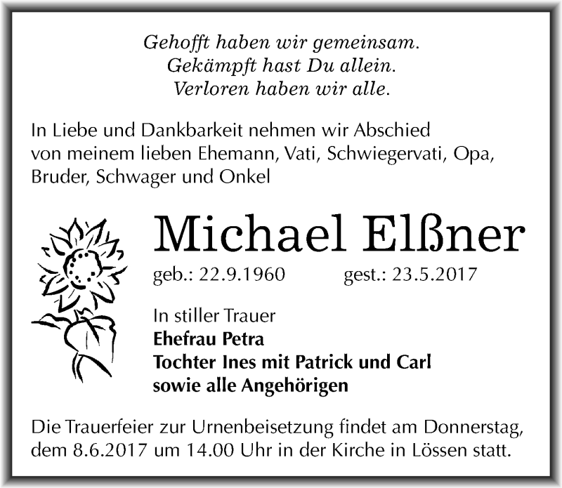  Traueranzeige für Michael Elßner vom 27.05.2017 aus Mitteldeutsche Zeitung Merseburg/Querfurt