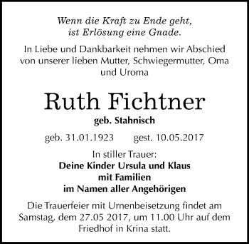 Traueranzeige von Ruth Fichtner von Mitteldeutsche Zeitung Bitterfeld