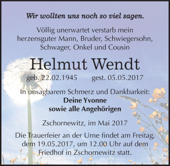 Traueranzeige von Helmut Wendt von Mitteldeutsche Zeitung Wittenberg