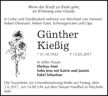 Traueranzeige von Günther Kießig von WVG - Wochenspiegel Merseburg
