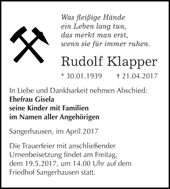 Traueranzeige von Rudolf Klapper von Super Sonntag SGH Mansf. Land