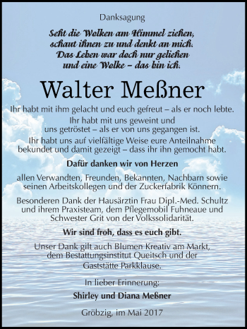 Traueranzeige von Walter Meßner von WVG - Wochenspiegel Dessau / Köthen