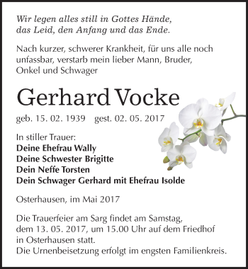 Traueranzeige von Gerhard Vocke von Mitteldeutsche Zeitung Mansfelder Land