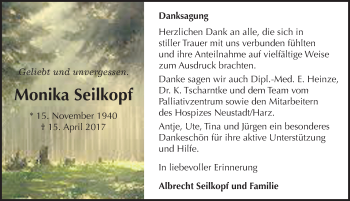 Traueranzeige von Monika Seilkopf von Mitteldeutsche Zeitung Sangerhausen