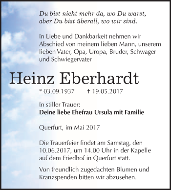 Traueranzeige von Heinz Eberhardt von WVG - Wochenspiegel Merseburg