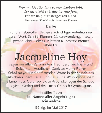 Traueranzeige von Jacqueline Hoy von Super Sonntag Wittenberg