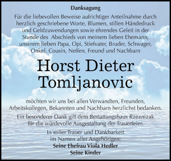 Traueranzeige von Horst Dieter Tomljanovic von Super Sonntag SGH Mansf. Land
